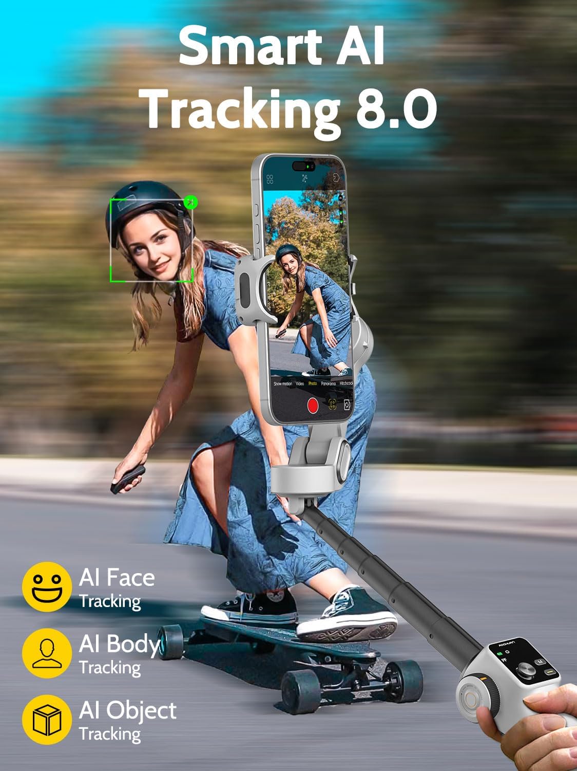 Cellphone Gimbal for Video Recording w/AI Tracking,3 -axis Vlogging Gimbal stabilizer for iPhone w/OLED Display, Smartphone Holder w/7.8' Extension Rod, Trigger Button Smart V8(White)