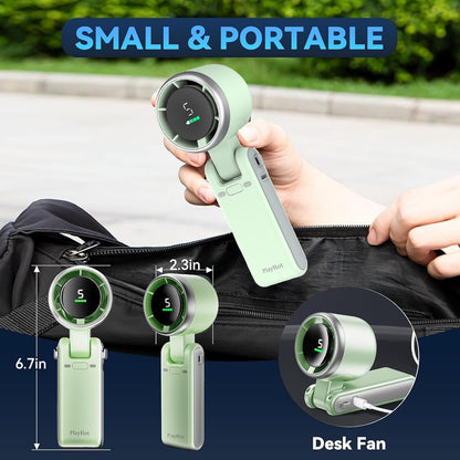 Portable Handheld Turbo Fan, 5 Gear Wind, Battery Operated, Up to 12 Working Hours, 3 IN 1 Hand Fan with Air Turbo Tech Cooling Fans for Outdoor Activities, Travel, Beach (Green)
