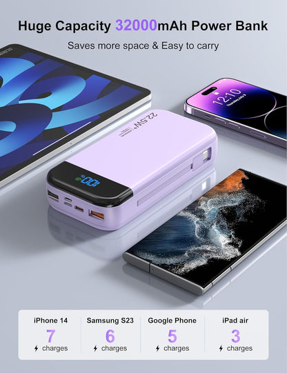 Portable Charger Power Bank 32000mAh with Built in Cables, PD3.0 USB C Fast Phone Charger, 5 Outputs LCD Display Travel Battery Pack Compatible with iPhone, Samsung All Cell Phones (Purple)