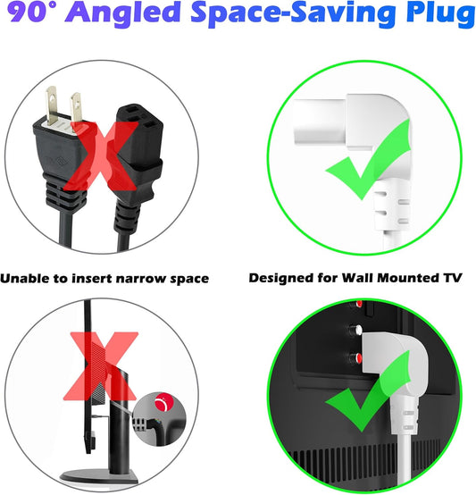 Adoreen 10 Ft Computer TV Replacement Power Cord White, 90 Degree Angled L-Shaped 18AWG 3-Prong AC Universal Power Supply Cable NEMA 5-15P to IEC 320 C13 for Printer, PC, Monitor TV LCD, ETL+Ties