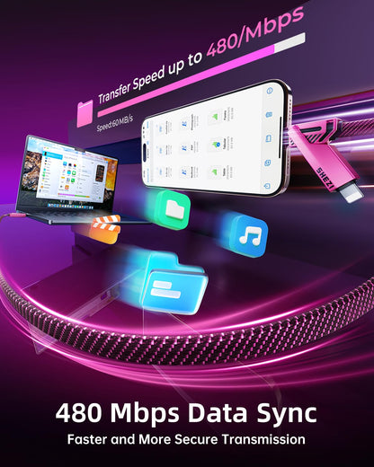 SHEZI [Upgraded 2.0] 4-in-1 USB C Cable 60W 5FT Fast Charging [480Mbps Data Transfer] Flat Nylon Braided Charger Cord Combo, USB A/C to C/L Multi Charge Cable for iPhone/iPad & Most Devices, Pink