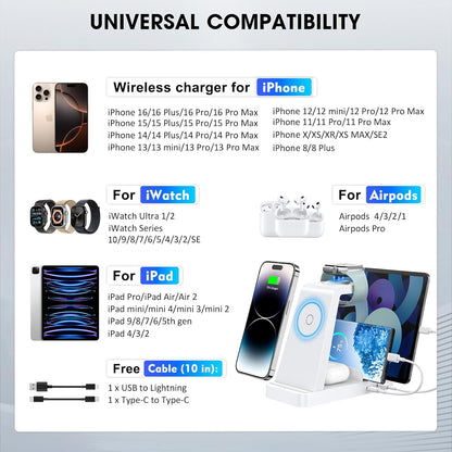 Wireless Charger for iPhone - 5 in 1 Charging Station for Multiple Devices Apple: Fast Wireless Charging Stand Dock for iPhone 16e 16 15 14 13 12 Pro Max Apple Watch Airpods(White)