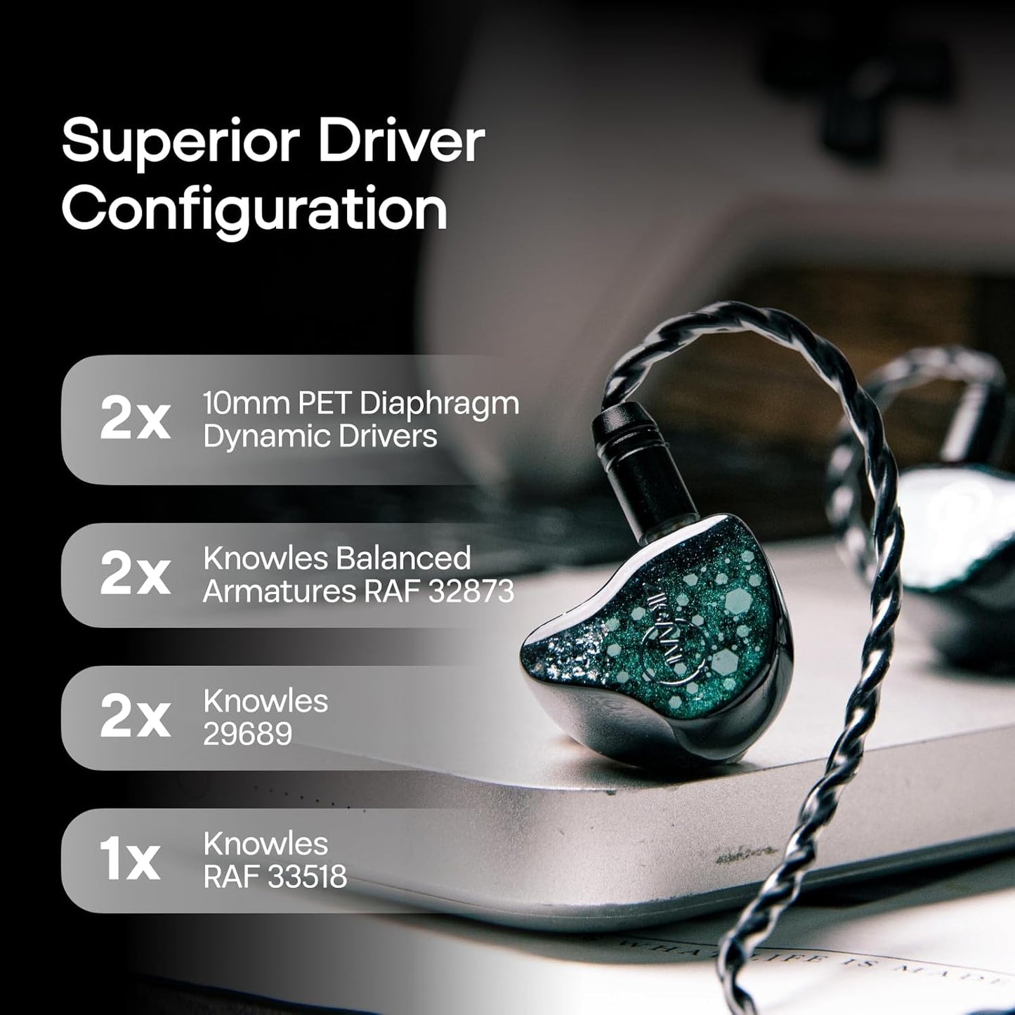 Linsoul ZiiGaat Arcanis in Ear Monitor, Professional 2DD+5BA Hybrid IEM Earphone, Gaming Earbuds, HiFi Wired Earbuds with Detachable Cable for Musicians Audiophiles