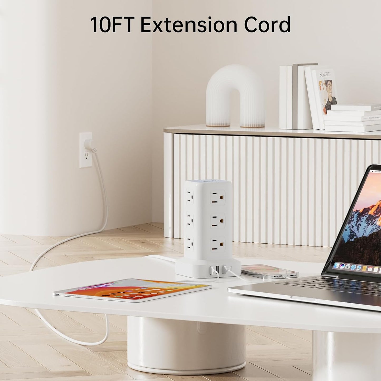 PD20W Power Strip Tower Surge Protector Power Strip with USB 12 Outlets with 4 USB Ports (1 USB C), Flat Plug 10FT Extension Cord Multi Plug Outlet Extender Overload Protection for Home Office