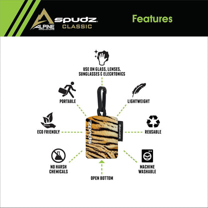 SPUDZ Classic Microfiber Lens Cleaner – Clip-On Pouch, Washable – for Binoculars, Scopes, Glasses, Screens | Tiger, 6 x 6 Inch (3-Pack)