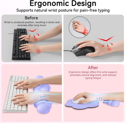 Cloud Wrist Rest for Computer Keyboard, 4-in-1 Memory Foam Leather Cloud Keyboard Wrist Rest and Mouse Pad Set with Ergonomic Support for Arm and Palm Cushion, Gaming/Work Setup, Purple