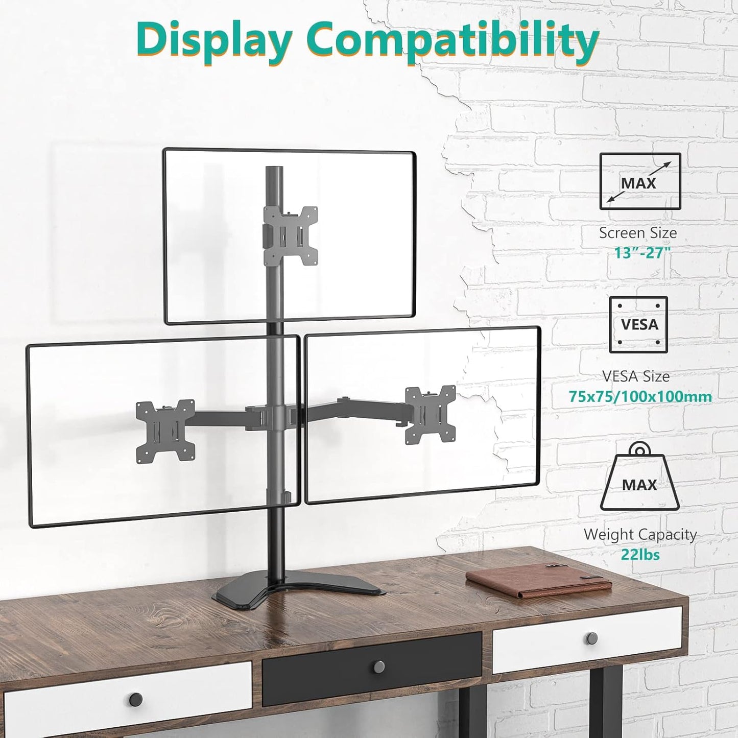 WALI Triple Monitor Stand, Free Standing Three Monitor Desk Mount Fully Adjustable, Fits 3 Screens up to 27 inch, 22 lbs Weight Capacity per Arm (MF003S), Black