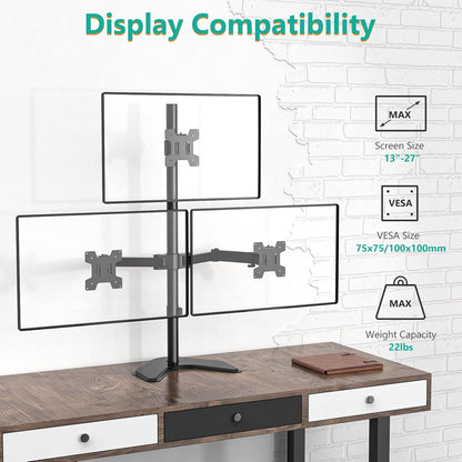 WALI Triple Monitor Stand, Free Standing Three Monitor Desk Mount Fully Adjustable, Fits 3 Screens up to 27 inch, 22 lbs Weight Capacity per Arm (MF003S), Black