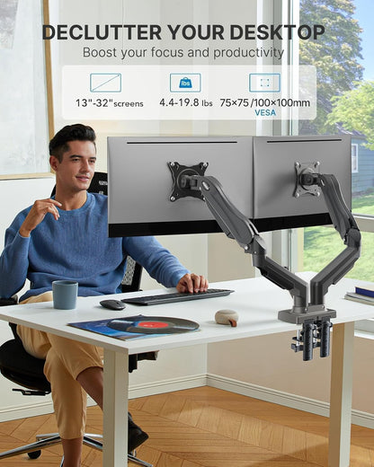 HUANUO Dual Monitor Stand - Full Adjustable Monitor Desk Mount Swivel Vesa Bracket with C Clamp, Grommet Mounting Base for 13 to 32 Inch Computer Screens - Each Arm Holds 4.4 to 19.8lbs -Grey