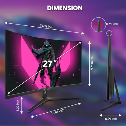 CRUA 27" Curved Gaming Monitor, 280Hz FHD (1920X1080P), 1800R VA Panel, 120% sRGB, Support AMD FreeSync, Low Blue Light, Ultra-Smooth Esports Display, HDMI 1.4 & DP 1.2, Wall Mountable Installs-Black