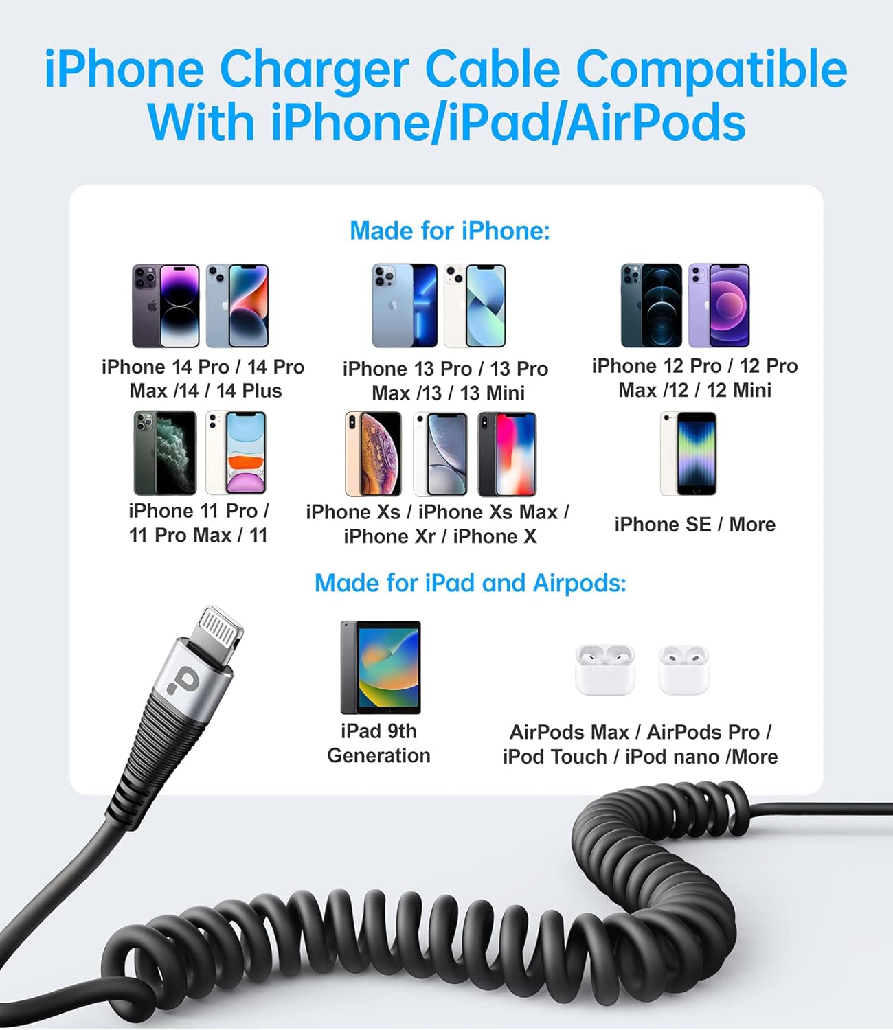 Coiled iPhone Charger Cable for Car, Lightning Cable 2 Pack 5ft, [Apple MFi Certified] Short iPhone Charger Cord Compatible with iPhone 14/13/12/11 Pro Max/XR/8/iPad/CarPlay