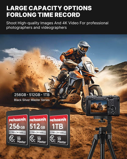 Pergear 512GB CFexpress 4.0 Type A Memory Card (2-Pack),Up to 1780MB/S Read Speeds,USB4.0(PCIe 4.0),Raw,8K 30P Record,Compatible for Sony Camera,ILME-FX3,ILME-FX6,ILME-FX30(Black Silver Master Series)