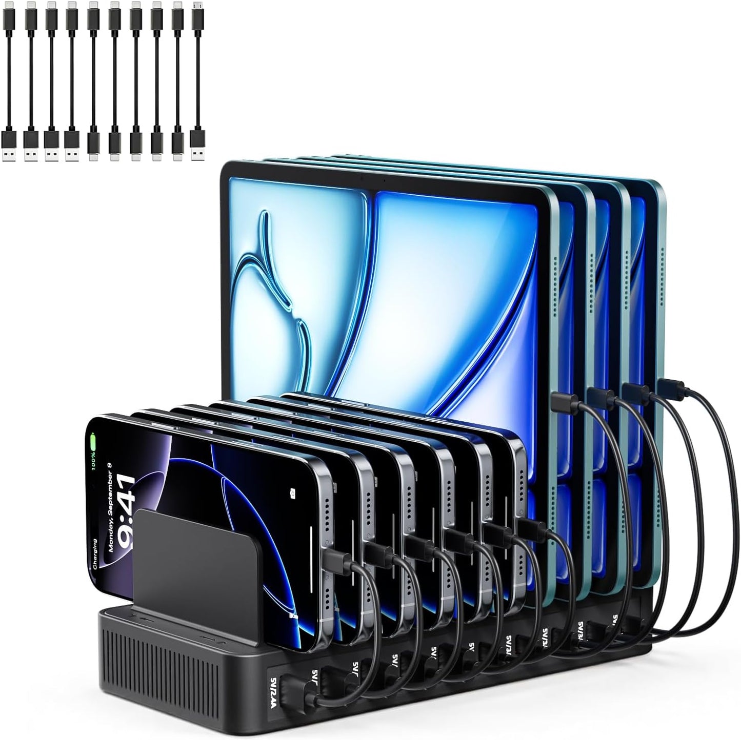 USB C Charging Station for Multiple Devices, 10-Port 100W Charging Dock, with Adjustable Dividers, USB-C Power Hub, Compatible with iPhone/Samsung/Google/Tablets/USB Devices (with 10 Cables)