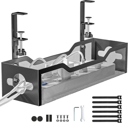 Under Desk Cable Management Tray Black, Litwaro Cable Management Under Desk No Drill, Cable Organizer with Clamp for Wire Management, Cord Organizer No Damage to Desk for Office, Home