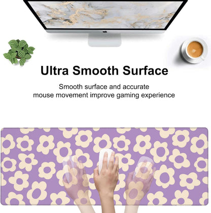 Purple Groovy Flowers Desk Mat,Large Vintage Floral Gaming Keyboard Mouse Pad,Non-Slip Rubber Base Desk Pad Thick Stitched Edges Waterproof Mousepad Mouse Mat 31.5"x11.8"