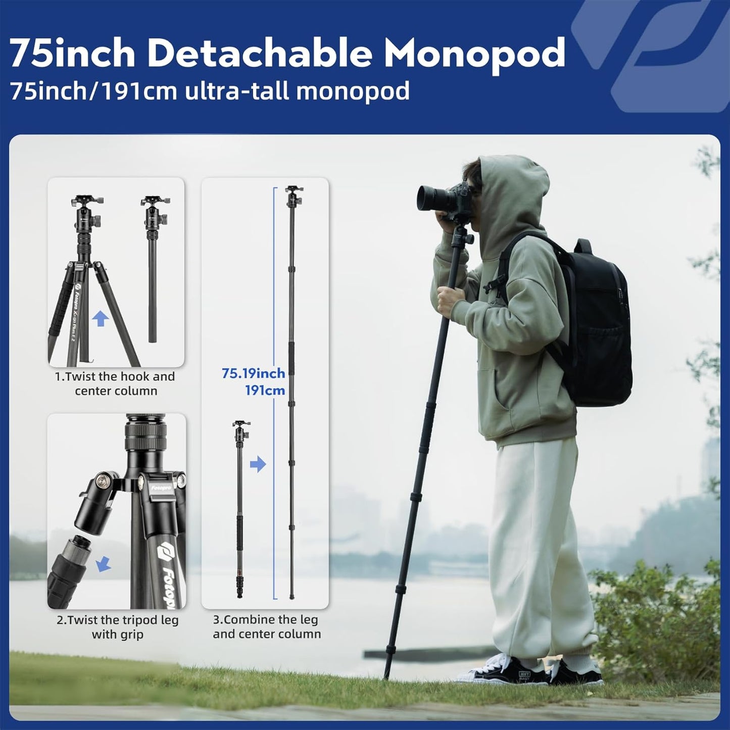 Fotopro 73" Carbon Fiber Tripod for Camera, Compact Travel Tripod with Ball Head, Detachable Monopod with Quick Release Plate and Camera Bag, Load up to 22lbs/10KG