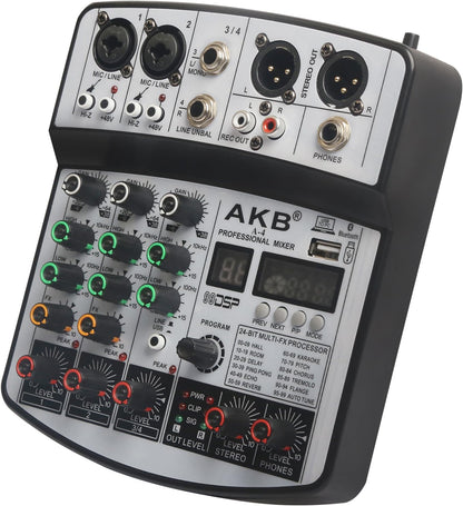 Dj Mixers 4 Channel Audio Mixer Sound Board with Bluetooth, Usb Audio Interface with 48V Phantom Power Sounds Mixer Board with 99 DSP FX Reverb Delay Effect