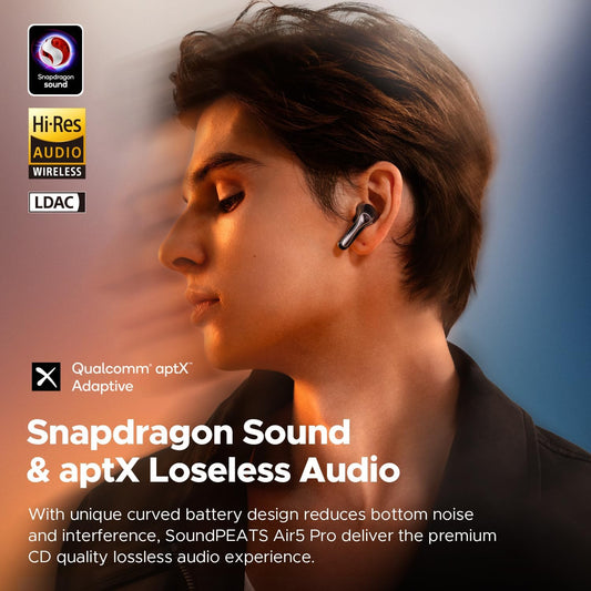 SoundPEATS Air5 Pro Adaptive Hybrid Noise Cancelling Wireless Earbuds, Qualcomm Snapdragon Sound, aptX™ Lossless, LDAC LE Hi-Res Audio, 6 Mics AI CVC 8.0 Call, 37H Playtime, IPX5 Waterproof, BT 5.4