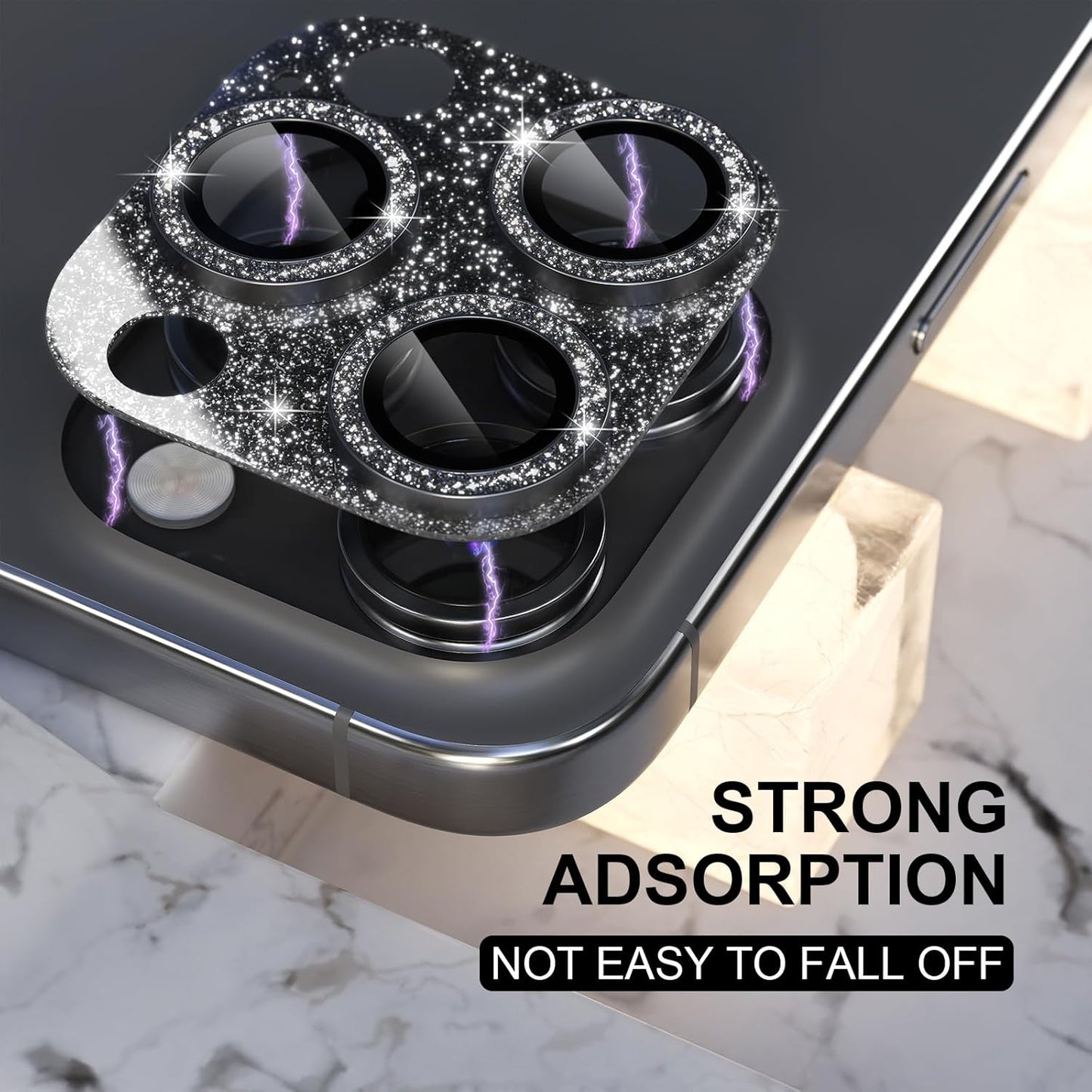 Choiche Compatible for iPhone 16 Pro/iPhone 16 Pro Max Camera Lens Protector, Bling Camera Cover with 9H Tempered Glass Lens Screen Protector Metal Ring Decoration Accessories (Glitter-Black)