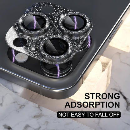 Choiche Compatible for iPhone 16 Pro/iPhone 16 Pro Max Camera Lens Protector, Bling Camera Cover with 9H Tempered Glass Lens Screen Protector Metal Ring Decoration Accessories (Glitter-Black)