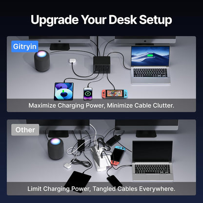 Gitryin 12-in-1 Desktop Charging Station with 4 Retractable Type-C Wall Chargers, 40W USB-C Power Strip with Flat Plug, Extension Cord with 1020J Surge Protection for Home Office