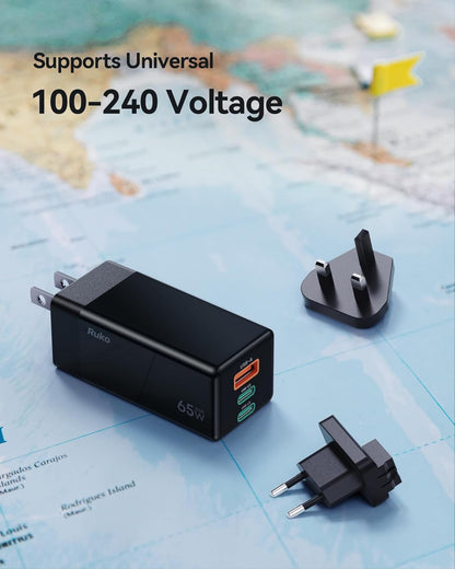 Ruko 65W USB C Charger, 3 Port International Travel Charger Kit, GaN Fast Charging Block with Portable Bag Cable UK EU Plug for iPhone 16/Pro, Galaxy S24, MacBook, iPad, Steam Deck, Drones