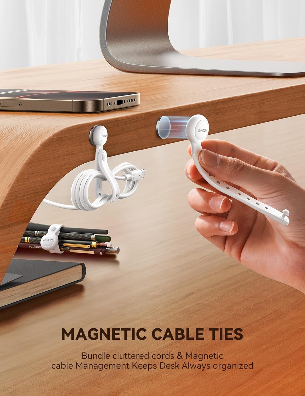 JOYROOM 12PCS Magnetic Cable Ties - Reusable Silicone Cord Organizer with Buckle Holes, Elastic Cable Management Straps for Data Cables, Charging Cords, and More (White)