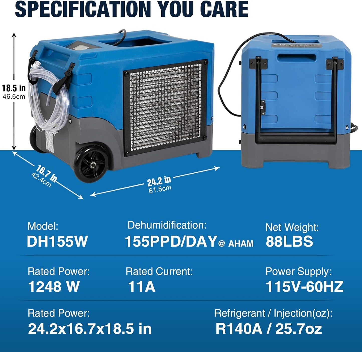 Mounto MOUNTO 268Pints LGR Commercial Compact Dehumidifier with Pump and Drain Hose, LGR Portable Dehumidifier with wheels for Home, Basements, Garages, and Job Sites (Blue)