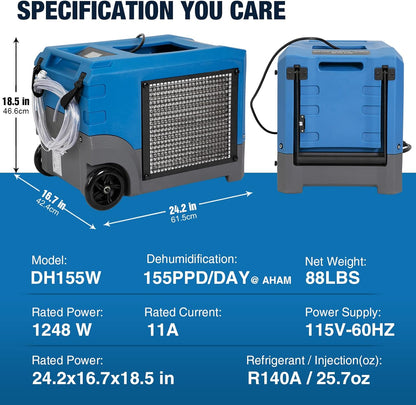 Mounto MOUNTO 268Pints LGR Commercial Compact Dehumidifier with Pump and Drain Hose, LGR Portable Dehumidifier with wheels for Home, Basements, Garages, and Job Sites (Blue)