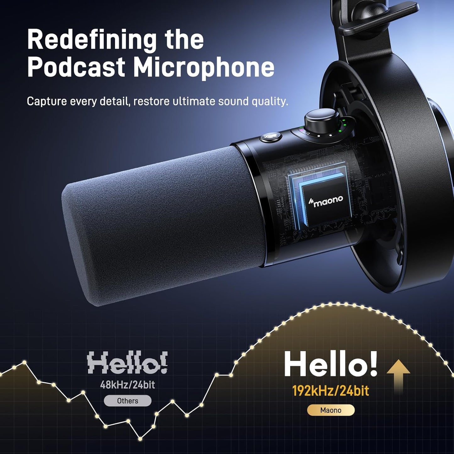 MAONO Dynamic Microphone-XLR USB Podcast Recording Mic: for Vocal Recording, Content Creation, Home Studio, Voiceover, with 192kHz/24bit, Noise Reduction, Mic Gain, Monitoring, Mute (PD300X)