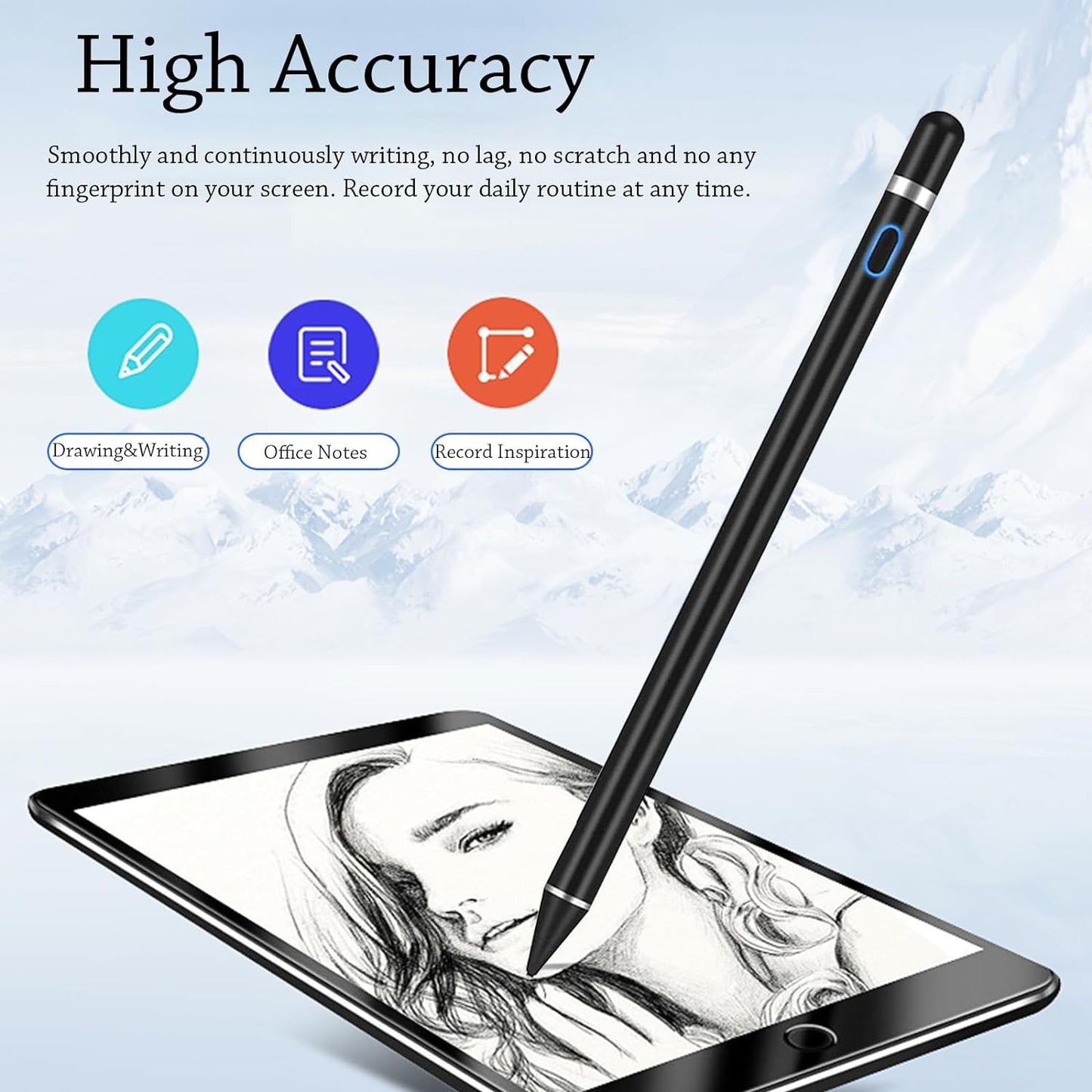 Stylus Pen for Touchscreen, DOGAIN iPad Pencil 1.5mm Fine Point Rechargeable, Tablet Pen for Drawing/Writing/Playing, Stylus Pen for iPad/iPad Air/Mini/Pro/Android/iPhone and Most Device(Black)