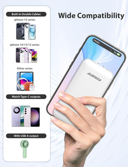 Alongza Portable Charger Built-in Cables and AC Wall Plug, Slim Fast Charging Power Bank 10000mAh, Lightweight USB C External Battery Pack Compact Travel Cell Phone Charger