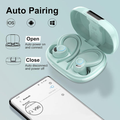 Wireless Earbuds Bluetooth 5.3 Headphones Sports, 48Hrs Playtime Bluetooth Earbuds with CVC 8.0 Mic, Stereo Bass Over Ear Bud with Earhooks, LED Display, IP7 Waterproof Earphon for Running Misty Blue