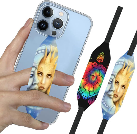 Phone Grip Strap - Reversible Finger Holder for Phone Back, Customizable Anti-Slip Design, Wireless Charging Compatible Detachable Holder for iPhone - Moon Sun & Psychedelic Turtle