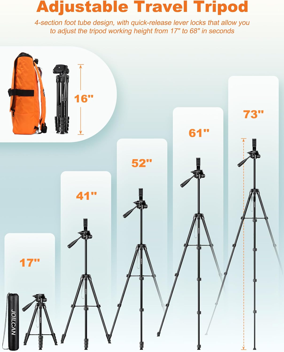 JOILCAN Phone Tripod Stand, 68" Tripod for iPad iPhone Tablet with Remote Universal Holder Carry Bag, Travel Aluminum Tripod for Video Recording Photos Vlogging Compatible with iPad Pro iPhone Camera