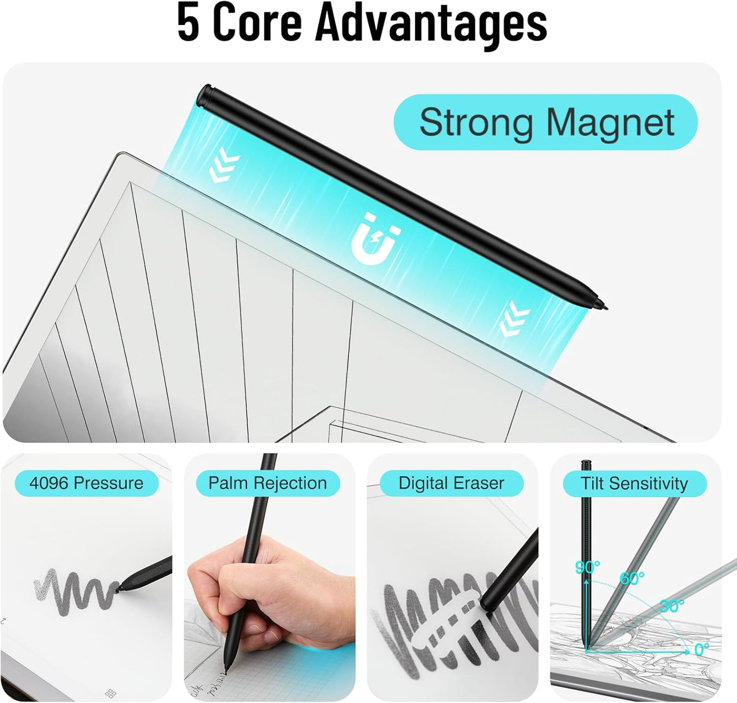 Magnetic Stylus Pen for Remarkable 2 Pen with Eraser, Digital Replacement Pen for Remarkable 2 Stylus Alternative Marker Plus, 4096 Pressure Sensitivity, Palm Rejection, Tilt Support with 5 Pen Tips