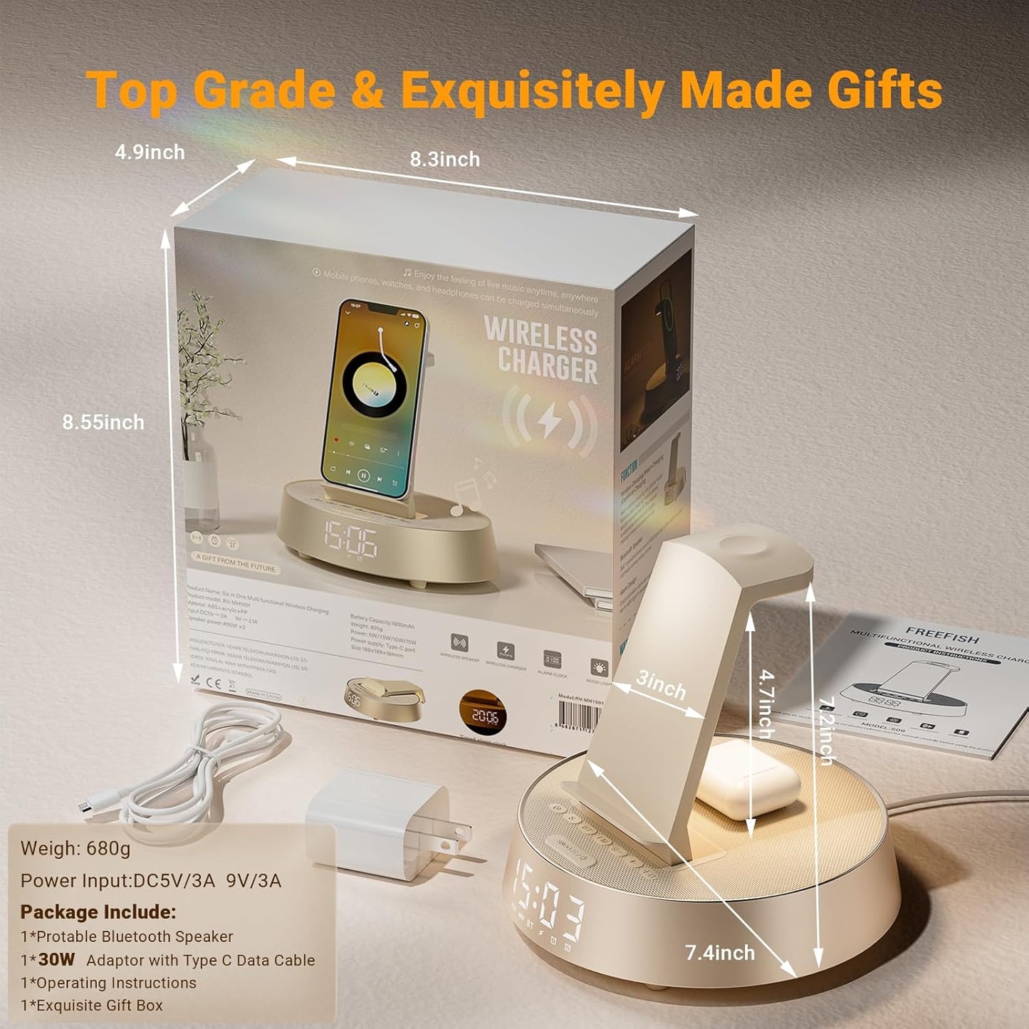 Alarm Clock with Wireless Charging Station, Clock for Bedroom with Dimmable Night Light Bluetooth Speaker, Wireless Charger Dock Station for iPhone 17 16 15 14 13 12 Pro Max, Apple Watch