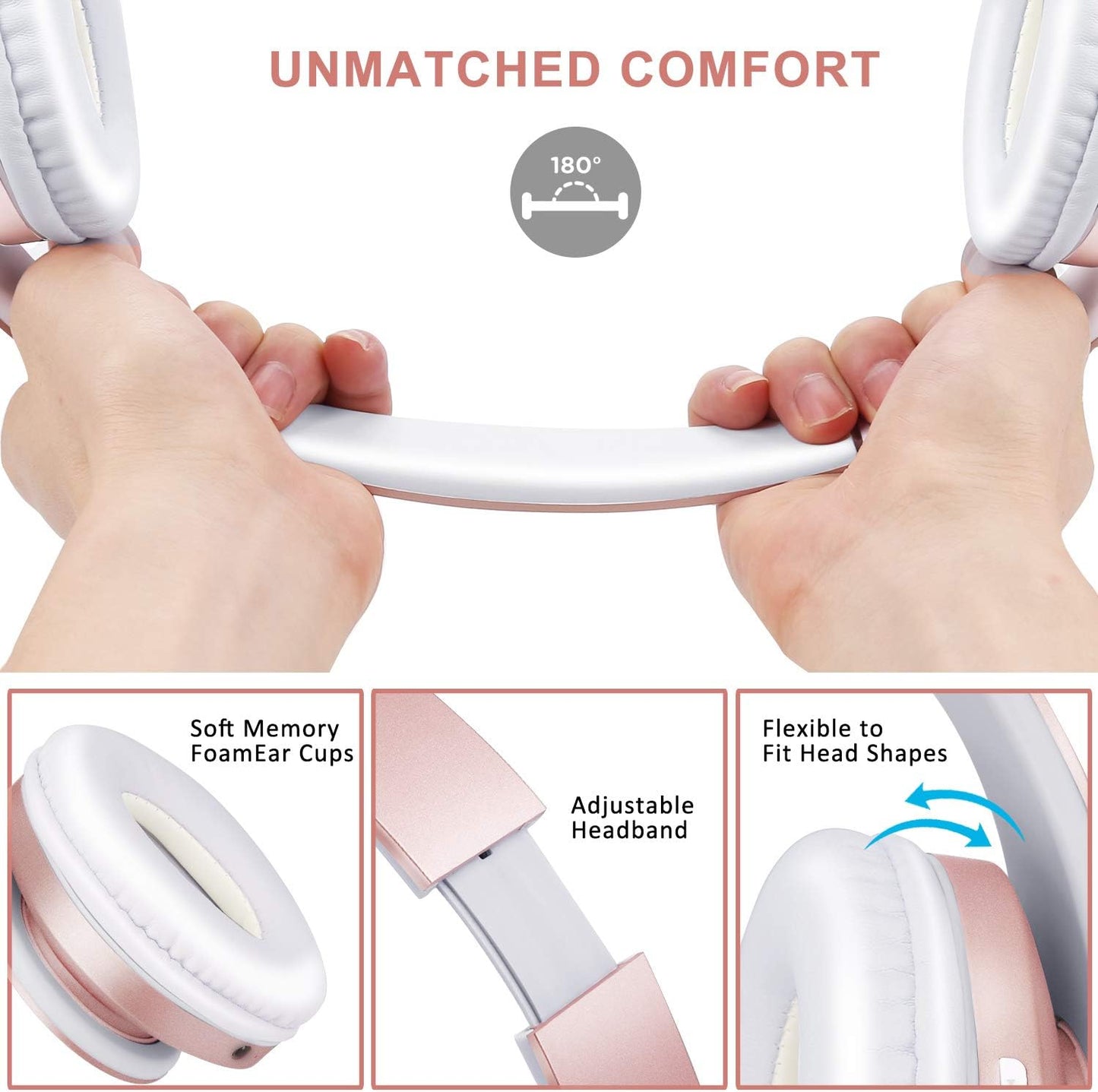 ZIHNIC Bluetooth Headphones Over-Ear, Foldable Wireless and Wired Stereo Headset Micro SD/TF, FM for Cell Phone,PC,Soft Earmuffs &Light Weight for Prolonged Wearing(Rose Gold)