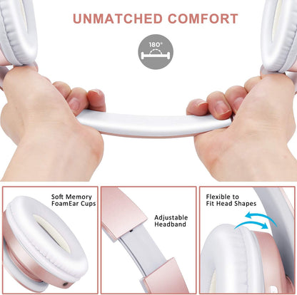 ZIHNIC Bluetooth Headphones Over-Ear, Foldable Wireless and Wired Stereo Headset Micro SD/TF, FM for Cell Phone,PC,Soft Earmuffs &Light Weight for Prolonged Wearing(Rose Gold)