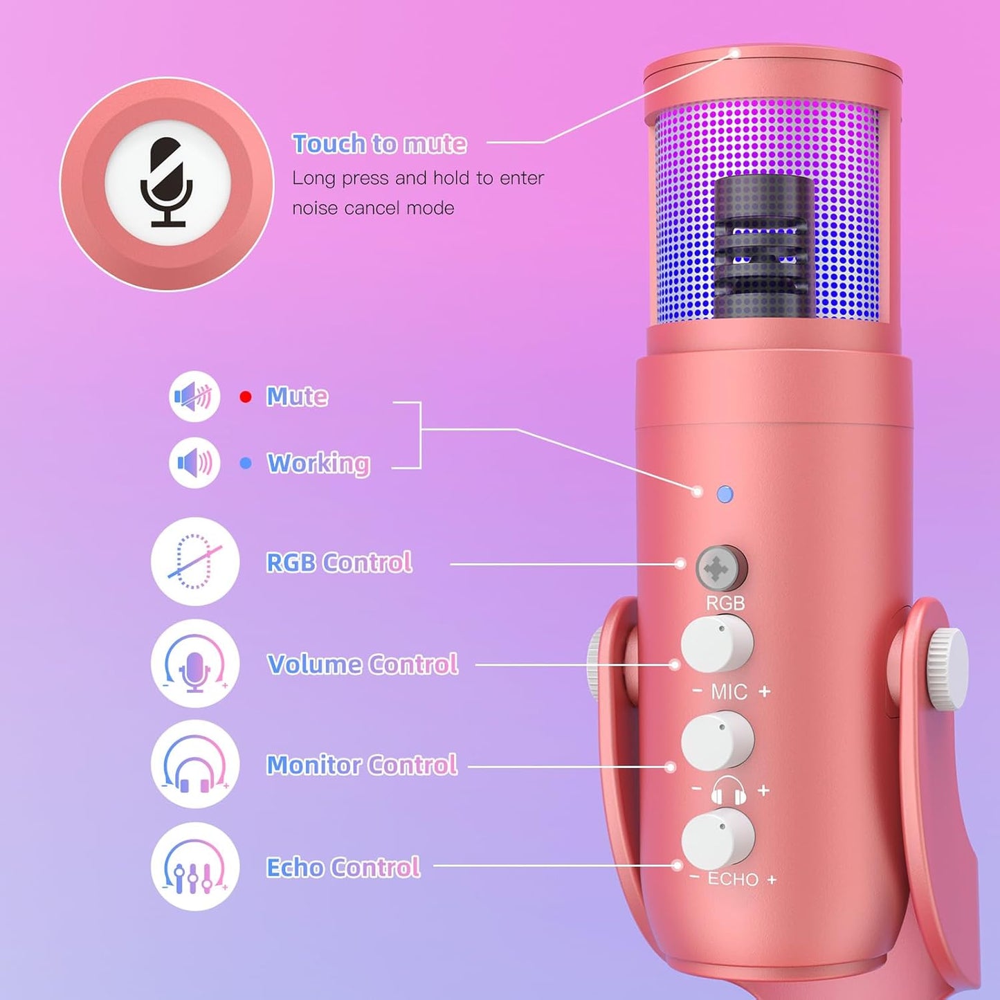 ZealSound USB Gaming Microphone for iPhone PC Type C Phone,Noise Cancellation,K66 RGB Condenser Mic with Controllable Led Lights,Echo,Touch Mute,Monitor,Gain for Podcast,Gaming,Podcasting,ASMR (Pink)