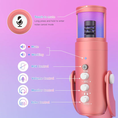 ZealSound USB Gaming Microphone for iPhone PC Type C Phone,Noise Cancellation,K66 RGB Condenser Mic with Controllable Led Lights,Echo,Touch Mute,Monitor,Gain for Podcast,Gaming,Podcasting,ASMR (Pink)