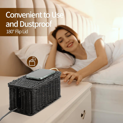 Delamu Handmade Rattan Cable Management Box, Cord Organizer with 2 Open Slots, Desk Cord Hider Box for Computer Router USB Hub Power Strip, 12.5" Lx 5.1" Wx 5.1" H, Black