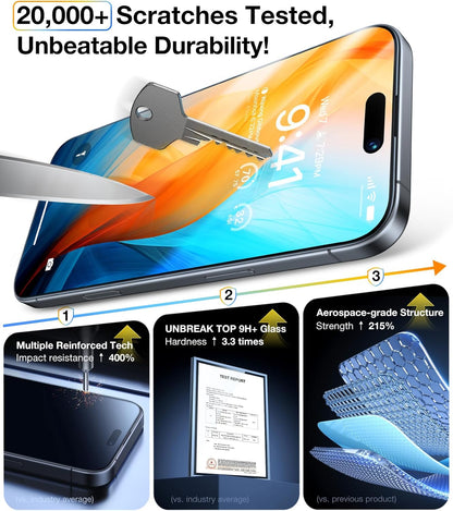 UltraGlass Unbreak Top 9H+ Glass for iPhone 16 Plus Screen Protector [12FT Military Grade Shatterproof] [Full Coverage] Tempered Glass [Longest Durable] 2 Pieces