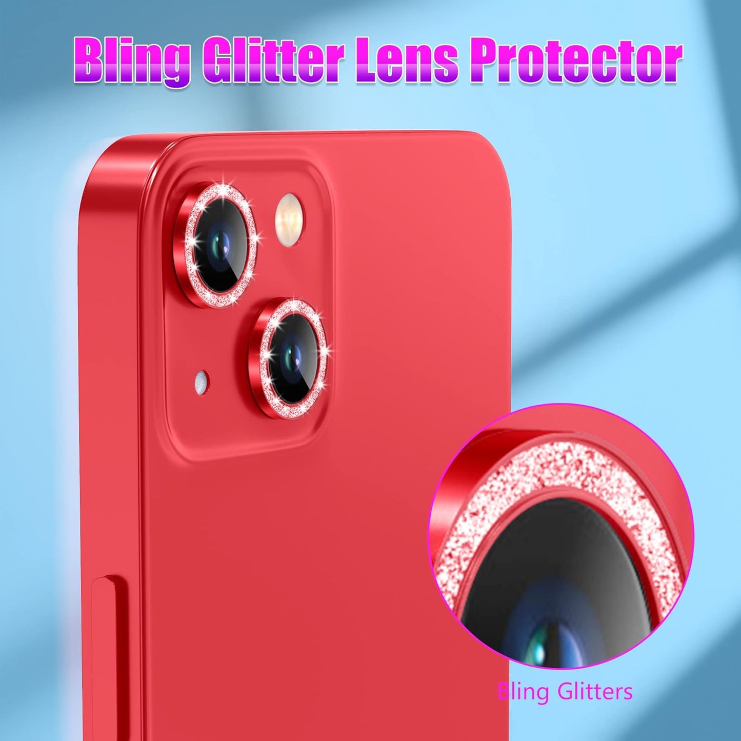 AGVEE 3+3 6 Pack for iPhone 13 6.1 inch / 13 Mini 5.4 inch Camera Lens Protector, Bling Diamond & Bling Glitter Metal Ring 9H Tempered HD Glass Camera Protector Cover Film, Bling-Red
