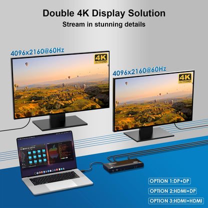 WAVLINK DisplayLink Laptop Docking Station Dual 4K@60Hz(2 HDMI+2DP), 100W PD Charging Compatible with Thunderbolt 4/3, USB-C/A - M1 M2 M3 M4 Mac, Windows, Chrome, 6 USB Ports, LAN - Driver Required