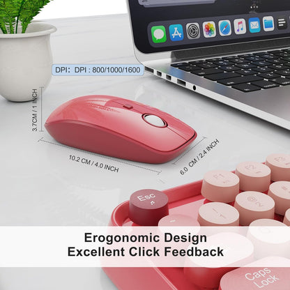 Wireless Keyboard and Mouse Combo, 104 Round Keys Cute Colorful Keyboard and Mouse with Retro Typewriter for PC/Mac/Laptop/Tablet/Computer/Windows Rose
