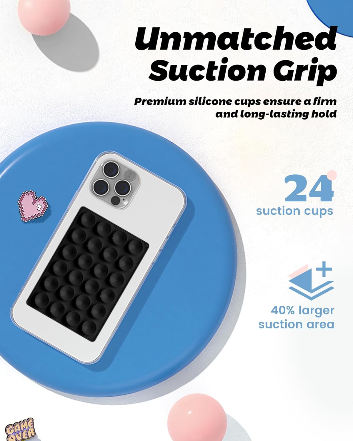 amBand Magnetic Sticky Phone Suction Grip for MagSafe, Removable for Wireless Charging, Durable Magnet Silicone Portable Mount Stand for iPhone 12/13/14/15/16 Series, Hands-Free Video/Selfie, Black