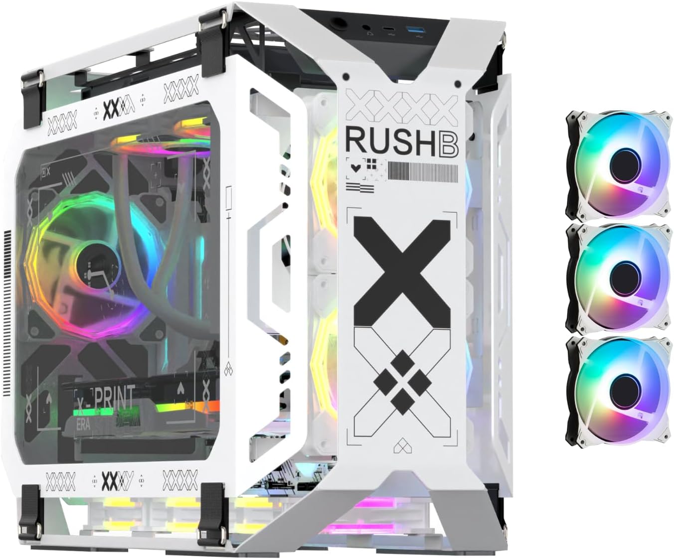 MegaPC X-Era Open-Frame Mid-Tower Micro-ATX/Mini-ITX Gaming Case – Tempered Glass Panels, High Airflow, ARGB Lighting, USB-C Port (Black/White/Print Stream, with Fans Only)