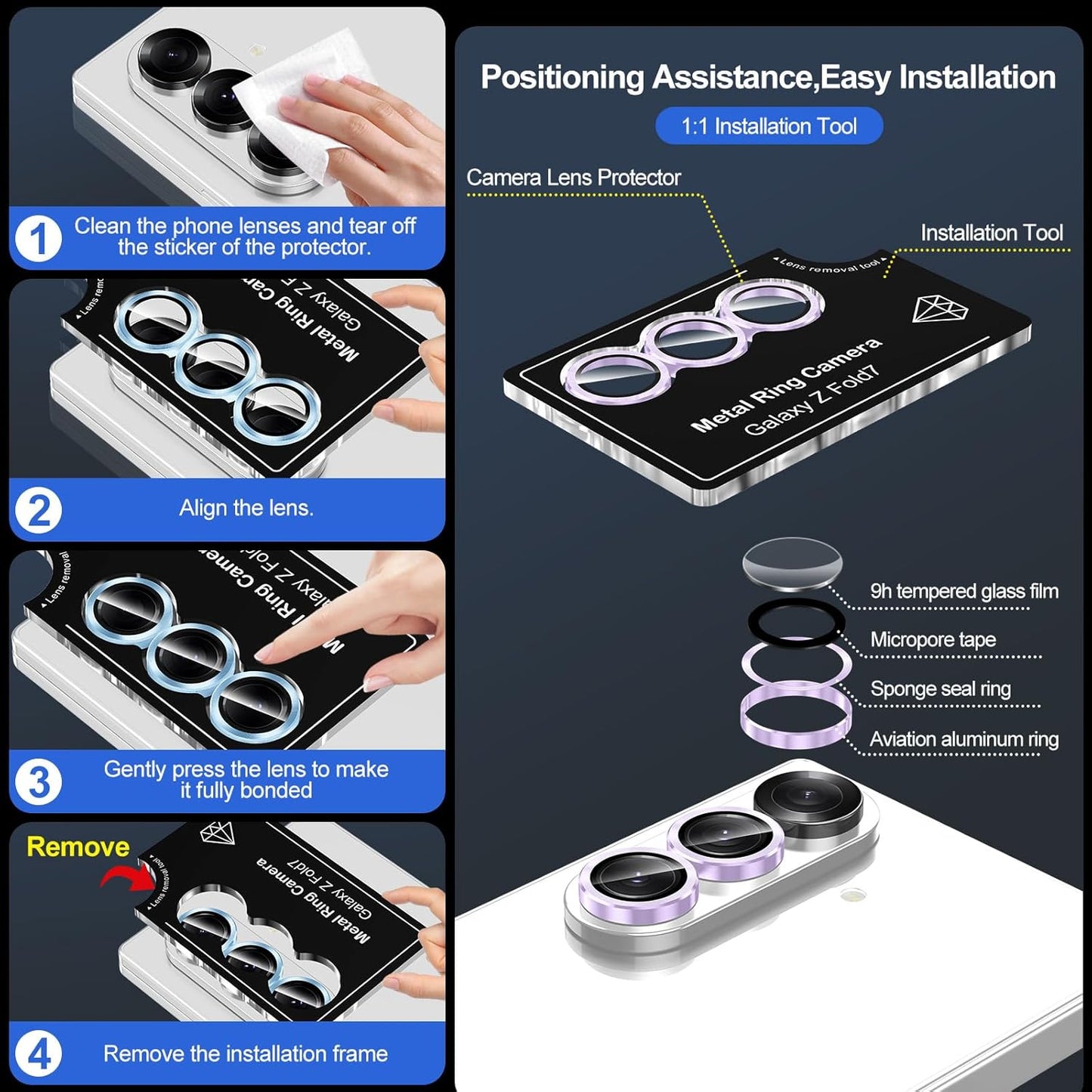 for Samsung Galaxy Z Fold 7 Camera Lens Protector, Individual Metal Ring Tempered Glass Lens Cover, [Strong Adsorption] Scratch Resistant Ultra-Thin HD Clear Lens Cover, 1 Set-Purple