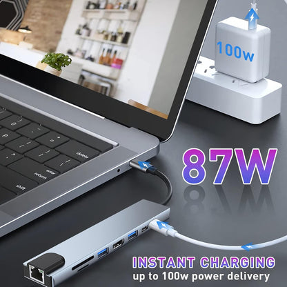 USB C HUB, 8 in 1 USB C Adapter with 4K HDMI, 100W PD, USB C Port, USB 3.0, RJ45 Ethernet, SD/TF Card Reader, Docking Station Compatible with MacBook Pro/Air USB C Laptops and Other Type C Devices